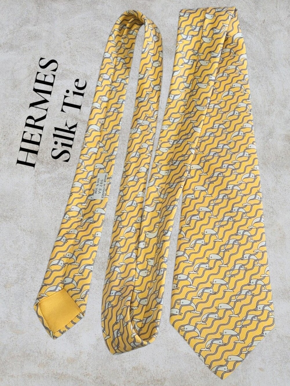 👔 Authentic Hermès Silk Tie Yellow Dolphin Pattern 987 SA EUC French Luxury